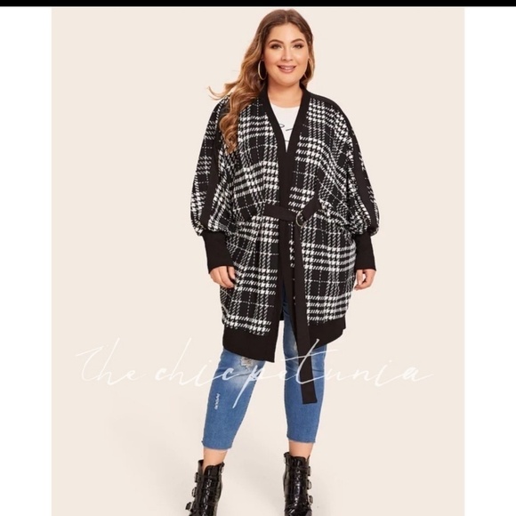 Plus size plaid Doberman sleeve belted coat - Picture 1 of 6